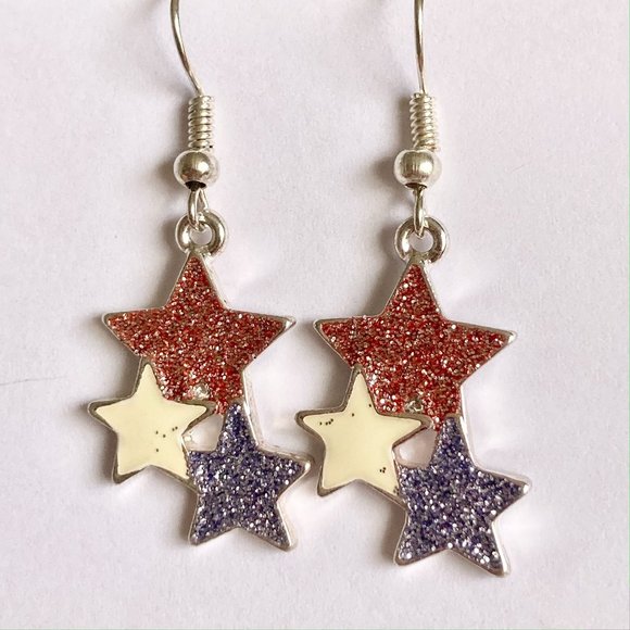 USA American Star Earrings Silver Plated 18" Patriotic July 4th Independence Day - Picture 7 of 10